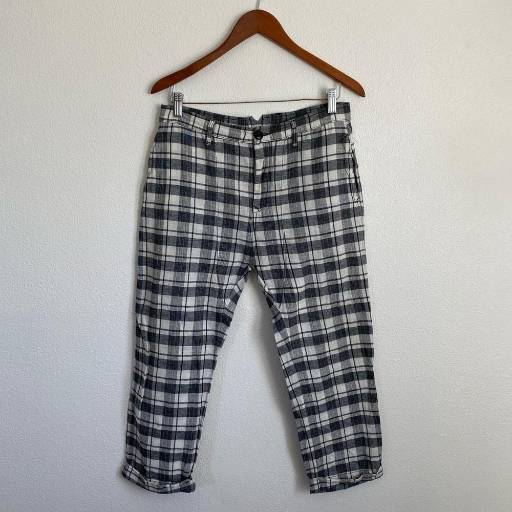 The Great. Linen Cotton Checkered Trouser Pants High Waisted Rolled Cuff Gingham